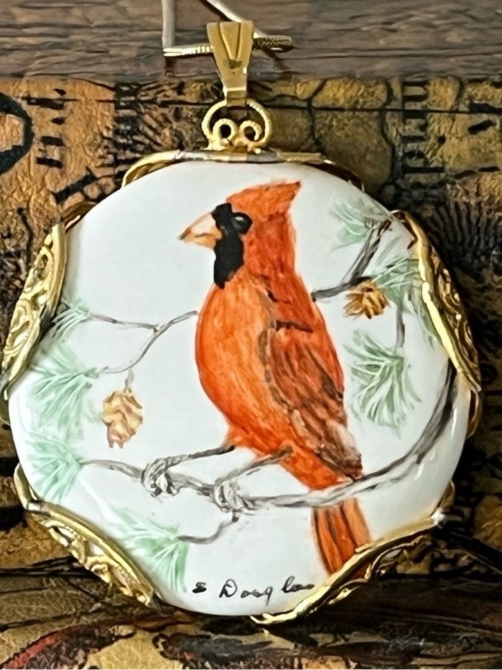 Hand-Painted Cardinal Pendant Necklace – 
Porcelain in Ornate Gold-Tone Filigree